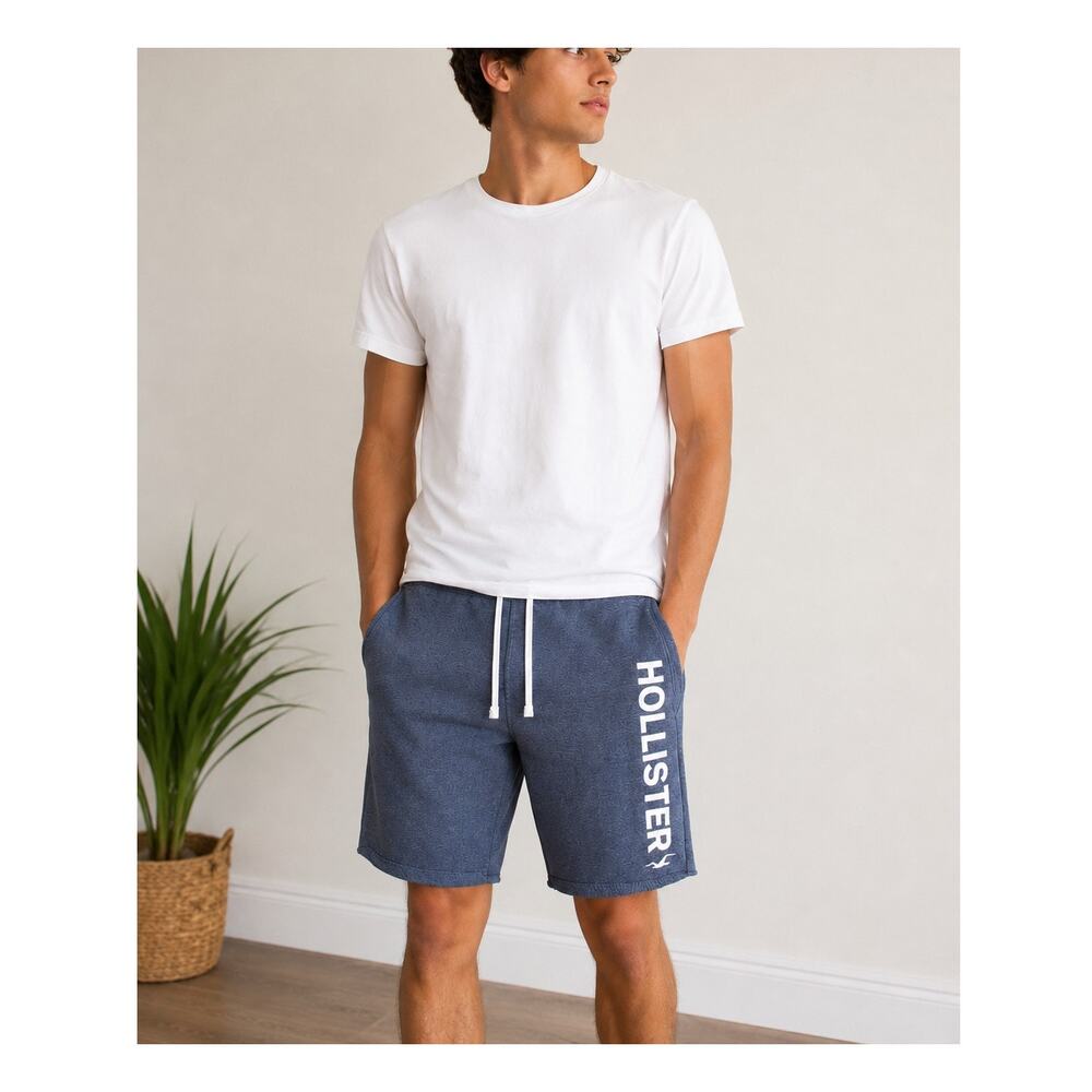 Hollister Fleece Sweat Shorts Mens Medium Blue Logo Y2K Lounge Skater Athleisure